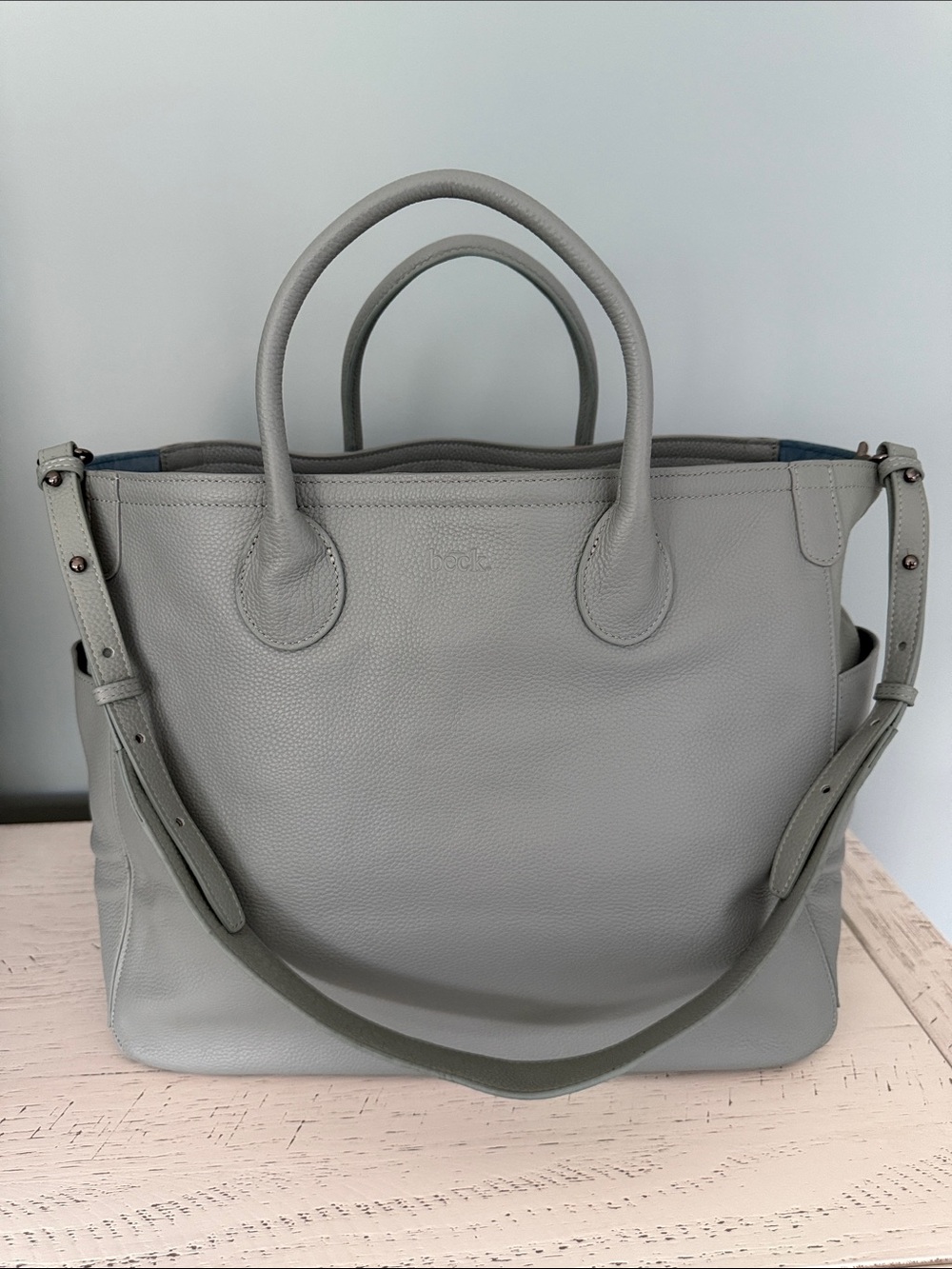 Grey Leather Tote Bag with Detachable Strap